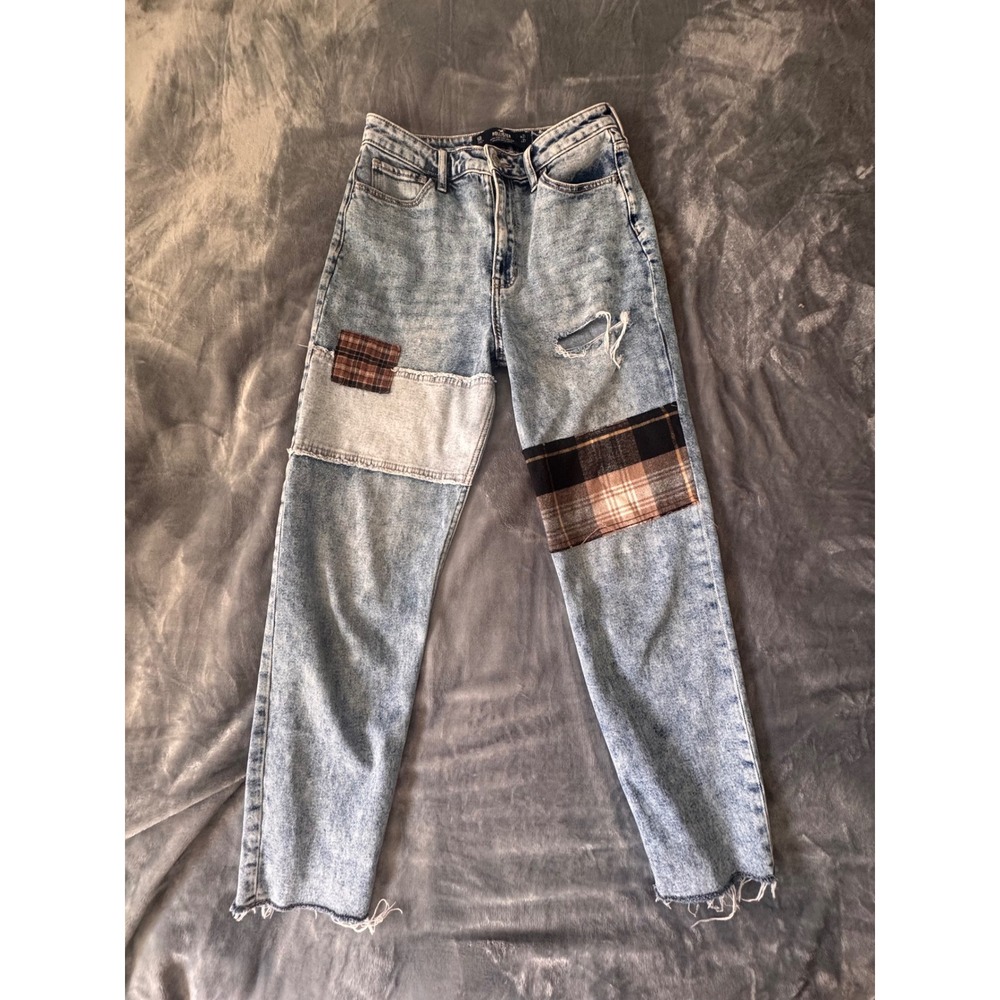 Hollister Ultra High-Rise Mom Jeans Patchwork Plaid Acid Wash Blue 5R W27 L26
